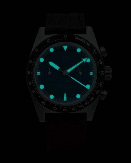 Chroma Chronograph Blue lume shot in the dark