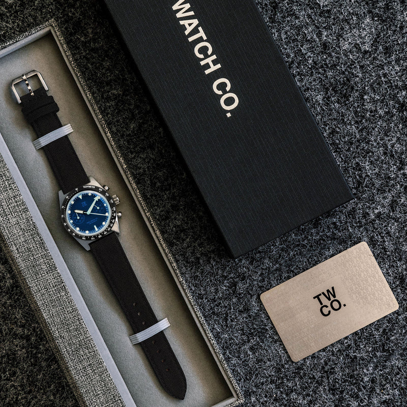 Chroma Chronograph Blue presentation packaging by Tool Watch Co.