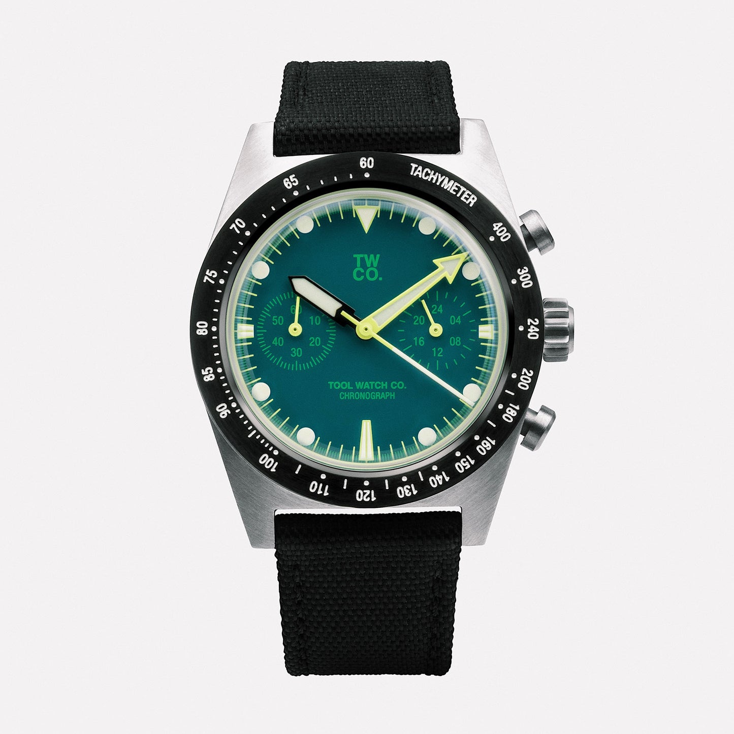 Chroma Chronograph Green dial close-up showing tri-compax chronograph layout