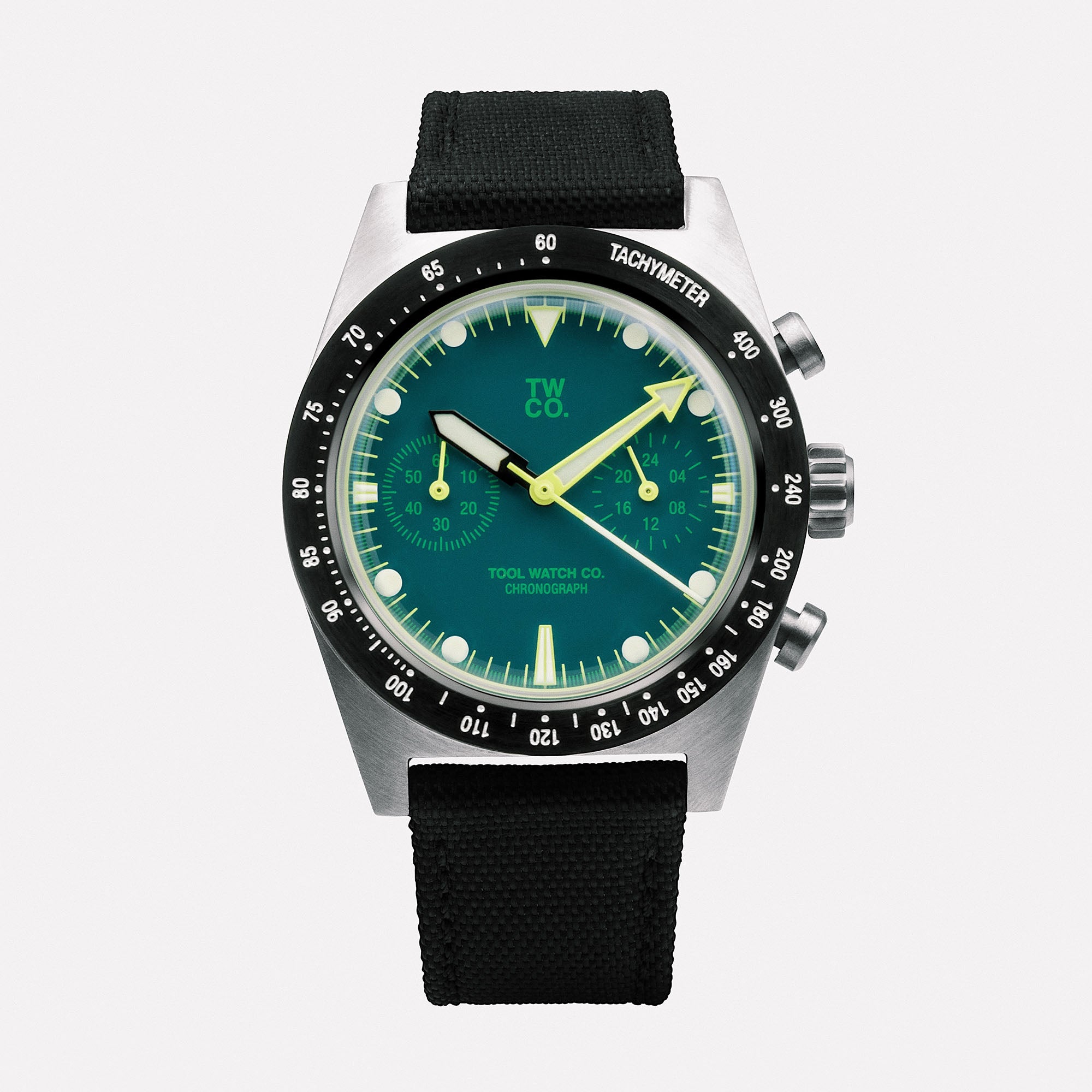 Chroma Chronograph Green dial close-up showing tri-compax chronograph layout