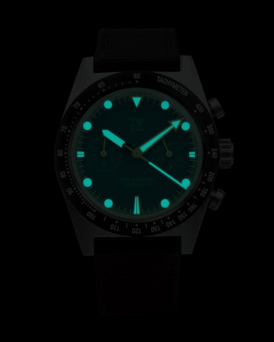 Chroma Chronograph Green lume shot in the dark