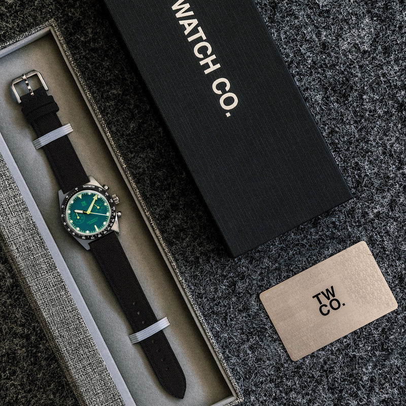 Chroma Chronograph Green presentation packaging by Tool Watch Co.