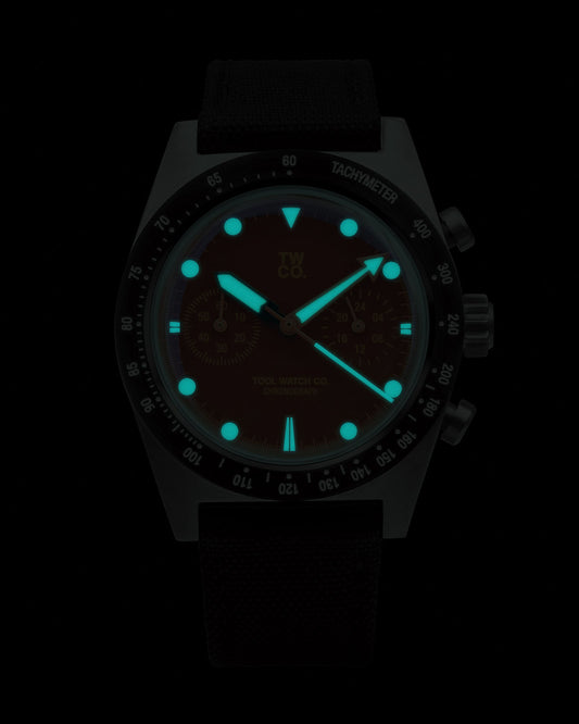 Chroma Chronograph Orange lume shot in the dark