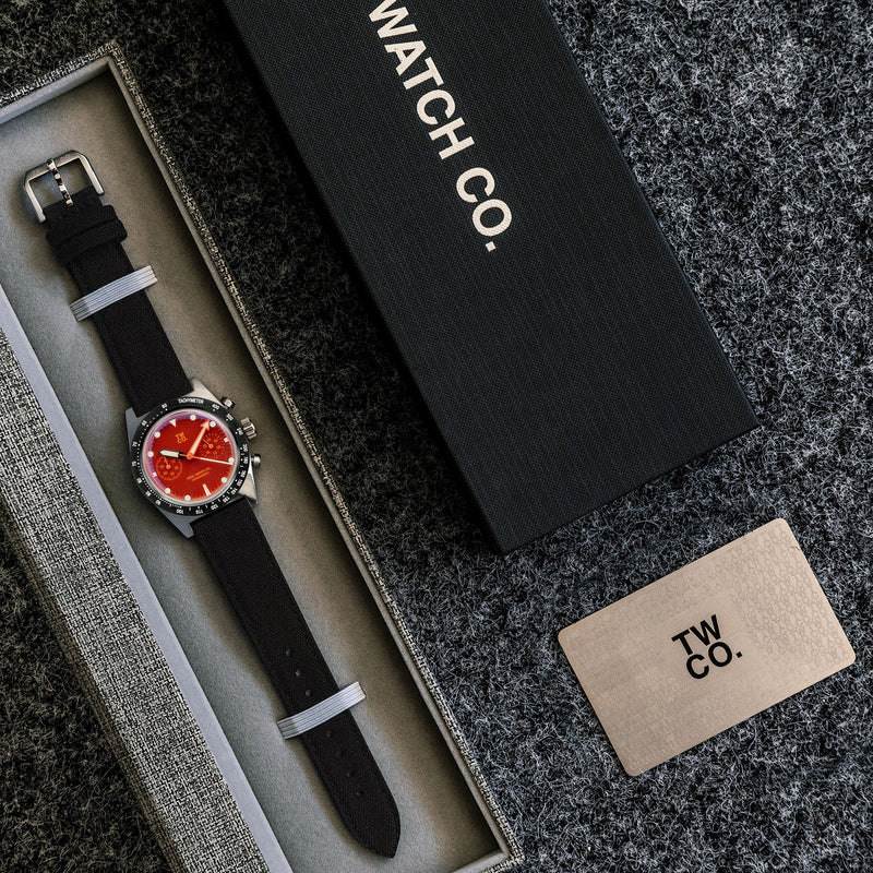 Chroma Chronograph Orange presentation packaging by Tool Watch Co.