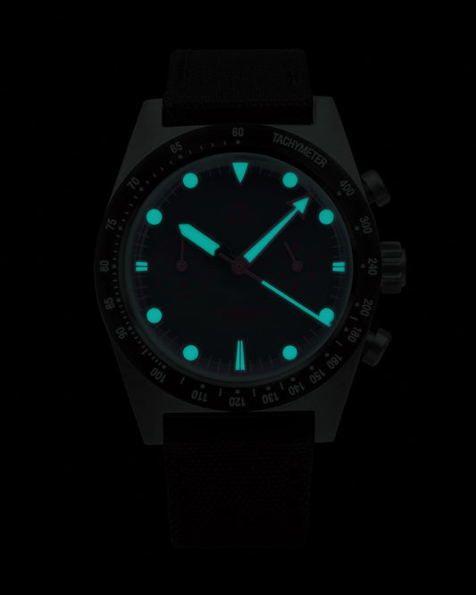 Chroma Chronograph Pink lume shot in the dark