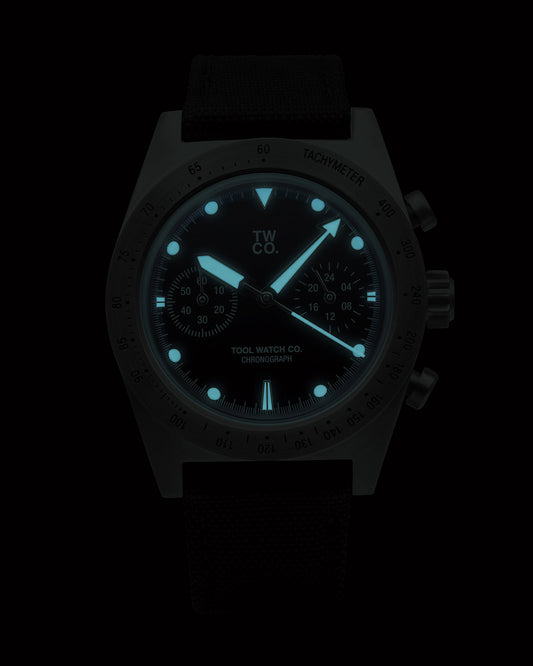 Essential Chronograph lume shot in the dark