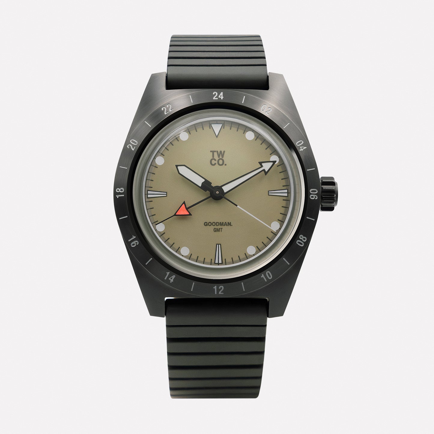 Goodman GMT Tactical dial close-up showing fixed 24-hour bezel and true GMT hand