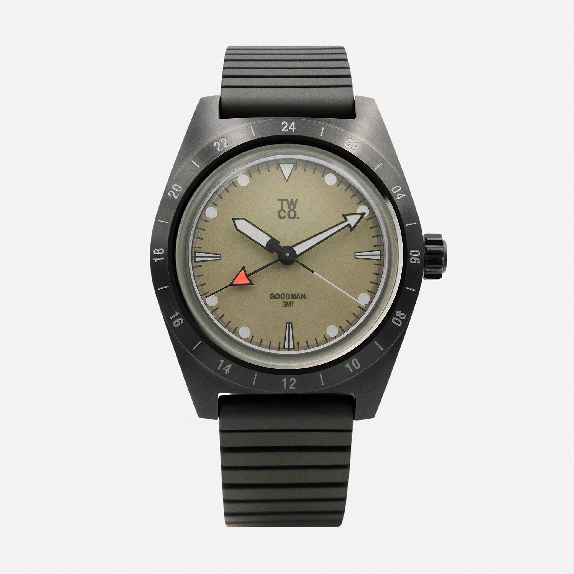 Goodman GMT Tactical dial close-up showing fixed 24-hour bezel and true GMT hand