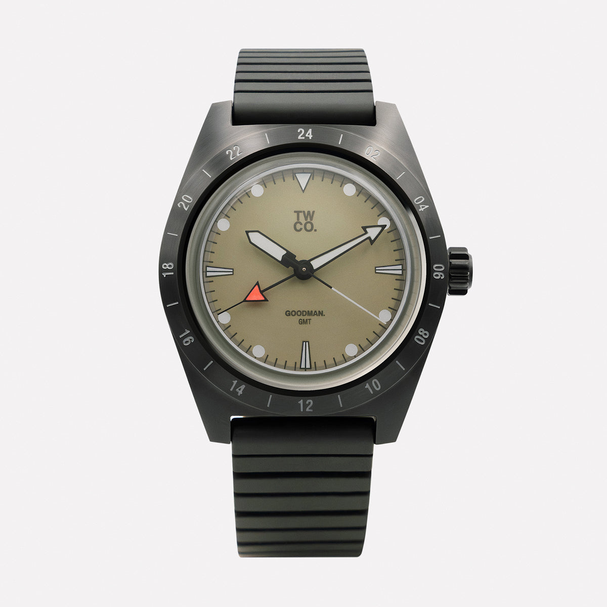 Goodman GMT Tactical dial close-up showing fixed 24-hour bezel and true GMT hand
