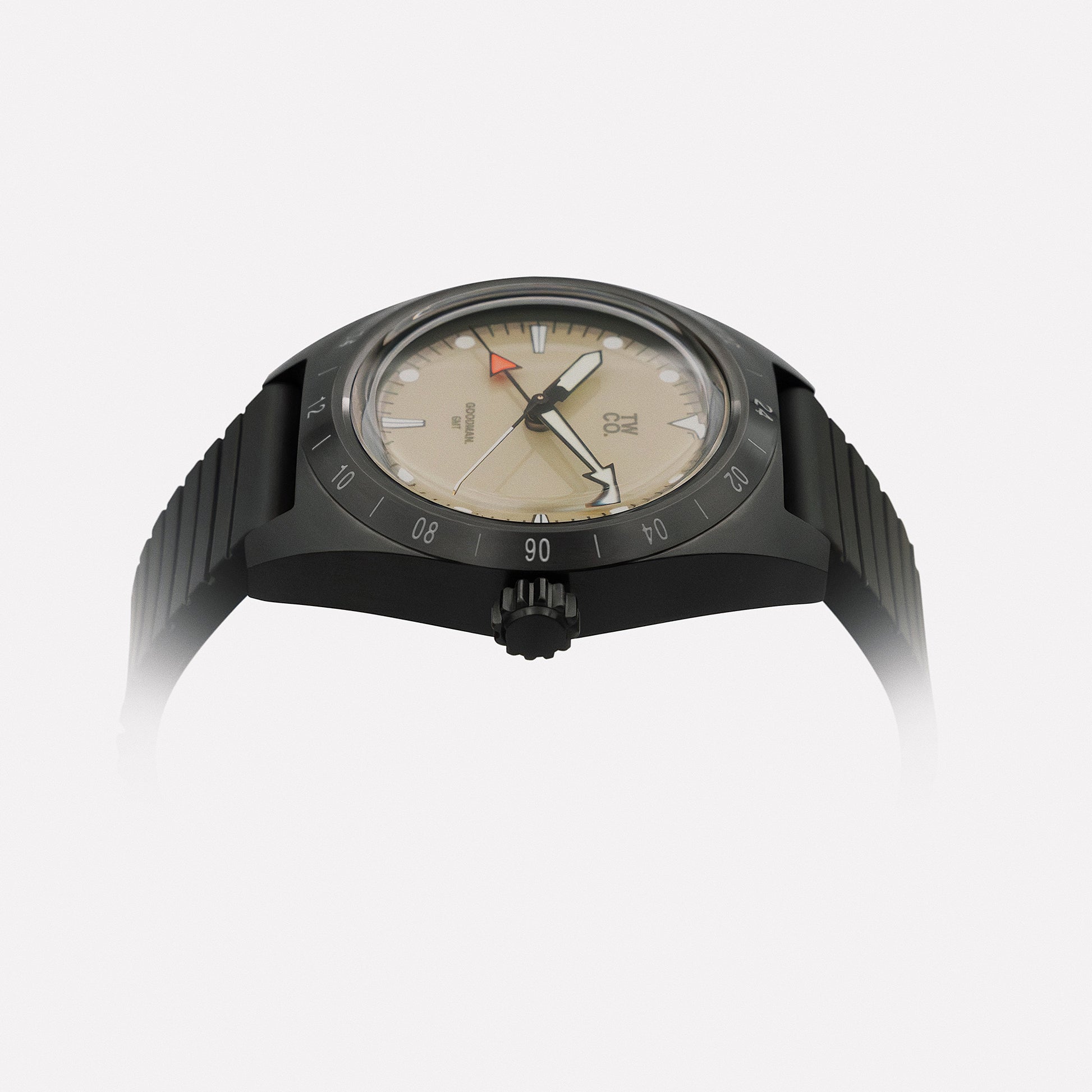 Goodman GMT Tactical case profile showing brushed PVD finish and double-domed box acrylic crystal