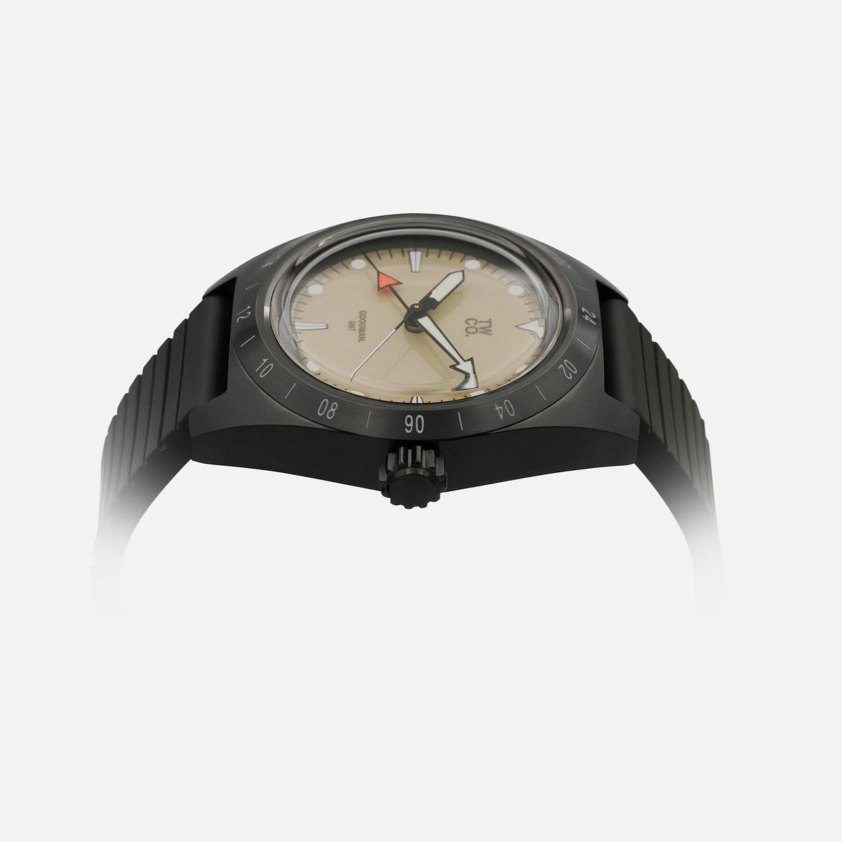 Goodman GMT Tactical case profile showing brushed PVD finish and double-domed box acrylic crystal