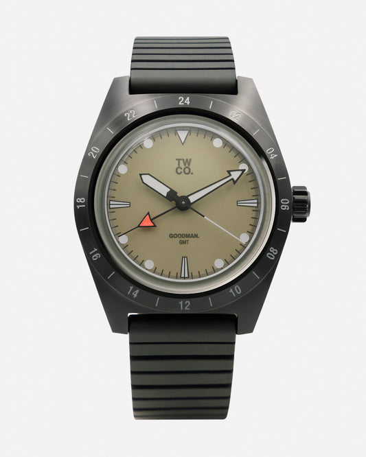 Goodman GMT Tactical matte PVD stainless steel GMT watch with black dial on black FKM strap