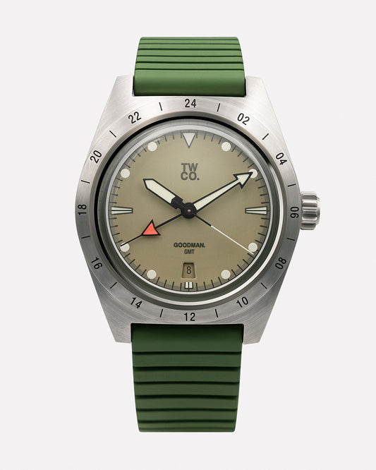 Goodman GMT Utility brushed steel GMT watch with dune dial on FKM rubber strap