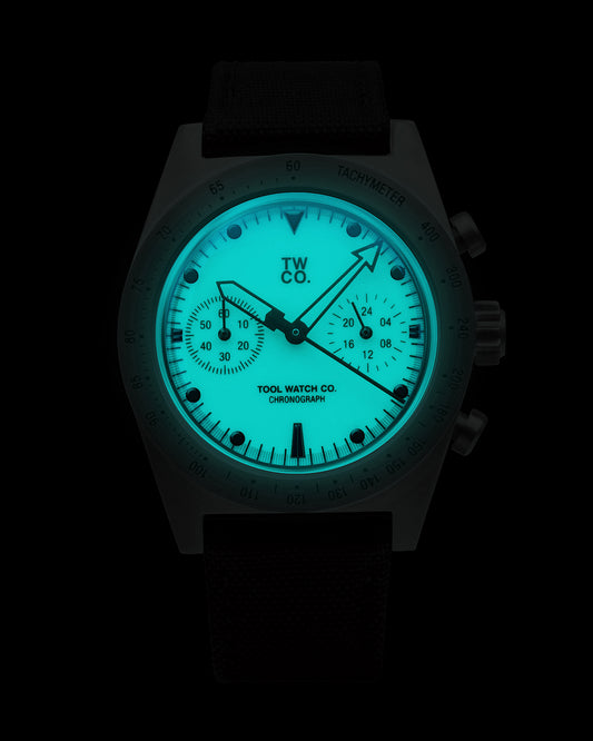 Lumecore Chronograph full-dial lume shot in the dark