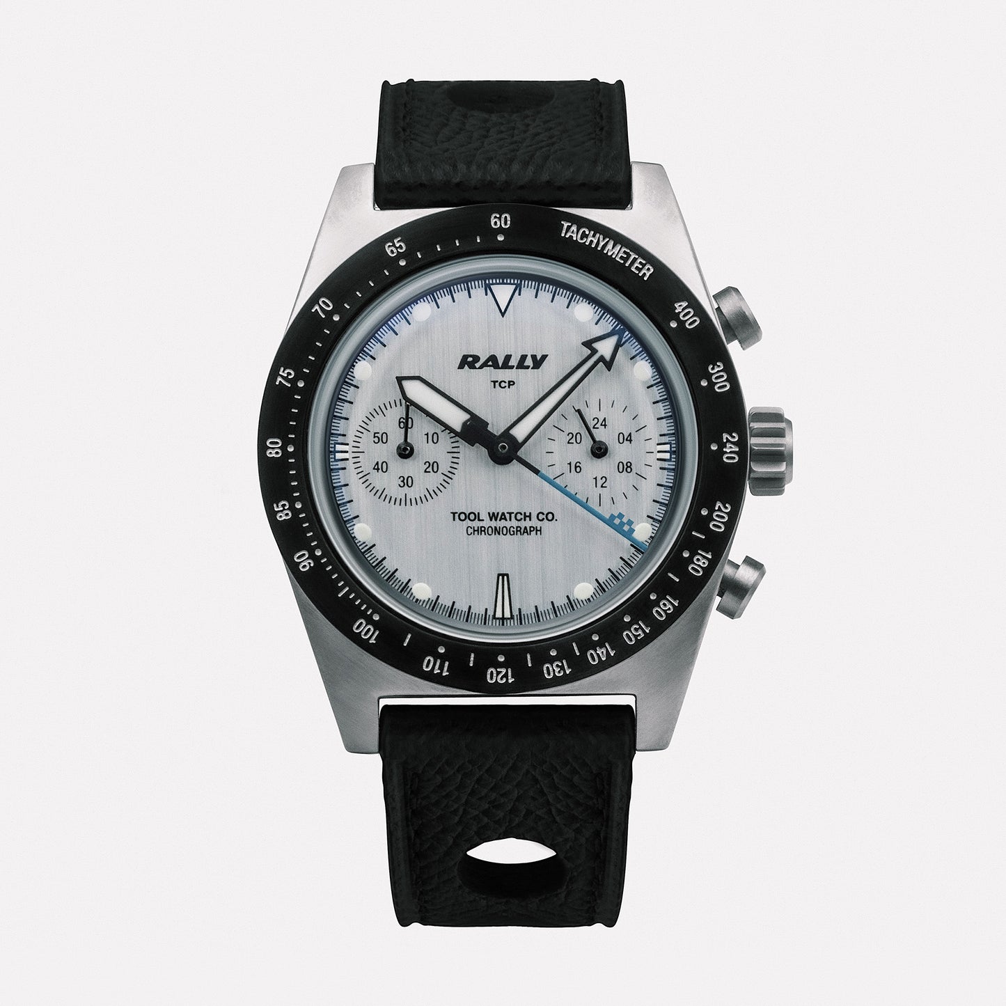 Rally Blue on Silver dial close-up with panda sub-dials and tachymeter scale