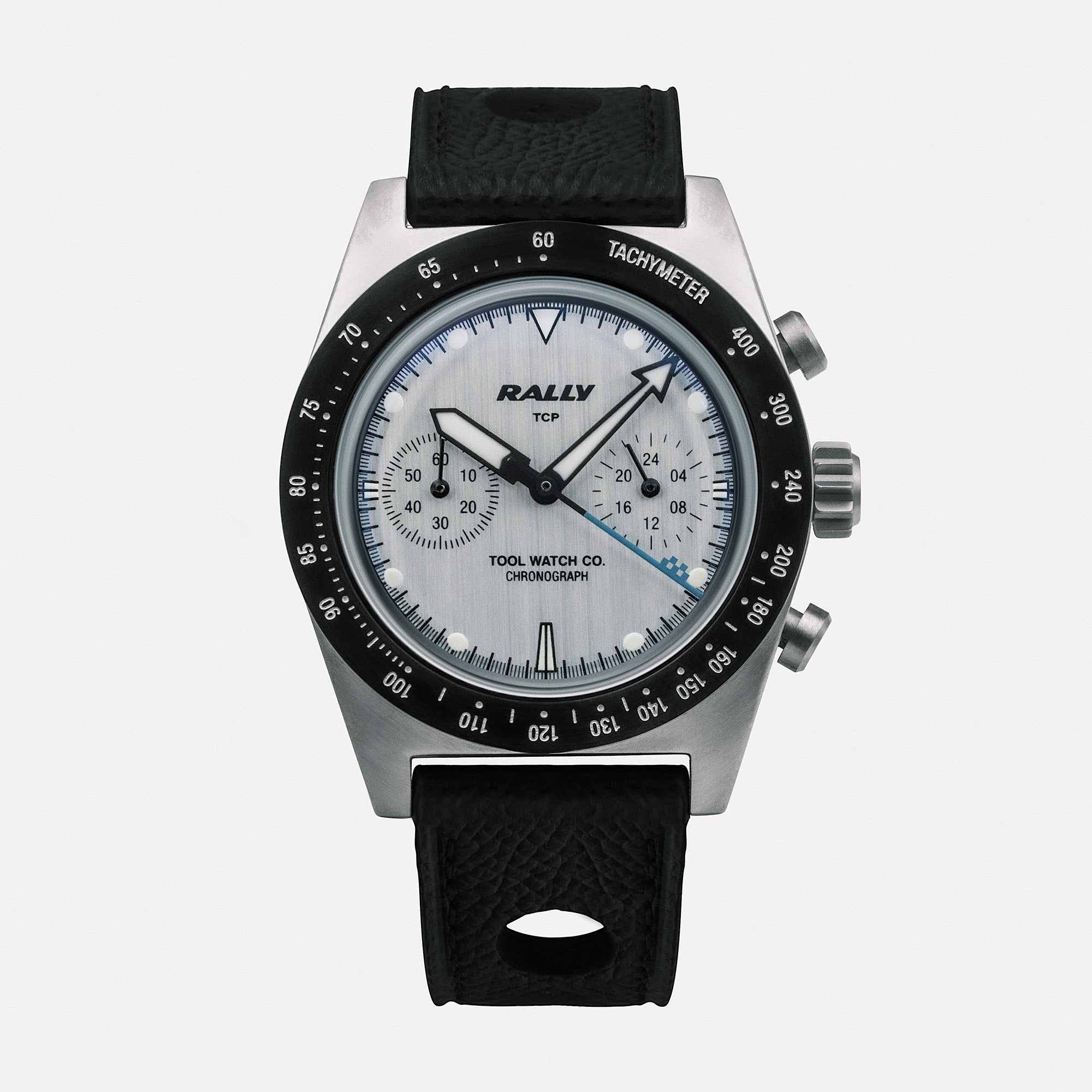 Rally Blue on Silver dial close-up with panda sub-dials and tachymeter scale