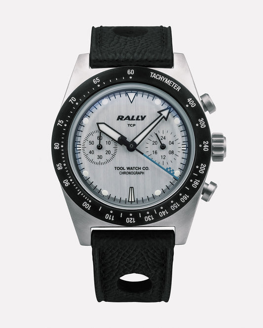 Rally Blue on Silver motorsport chronograph with silver dial and blue sub-dials