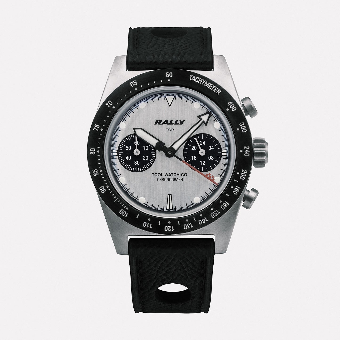 Rally Red on Silver dial close-up with panda sub-dials and tachymeter scale