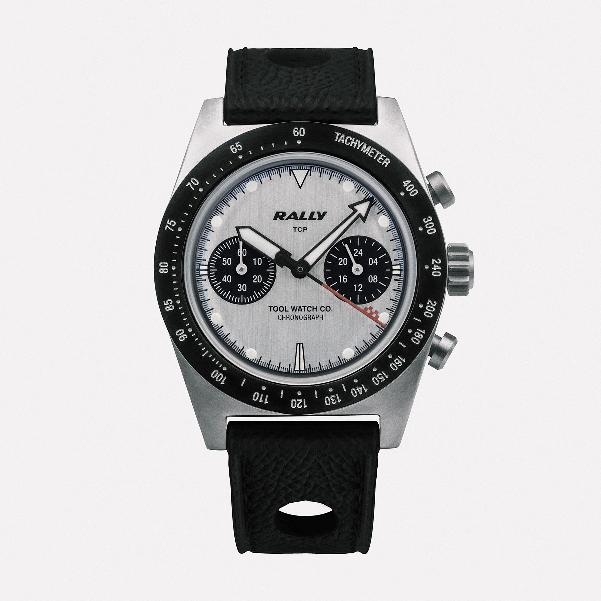 Rally Red on Silver dial close-up with panda sub-dials and tachymeter scale