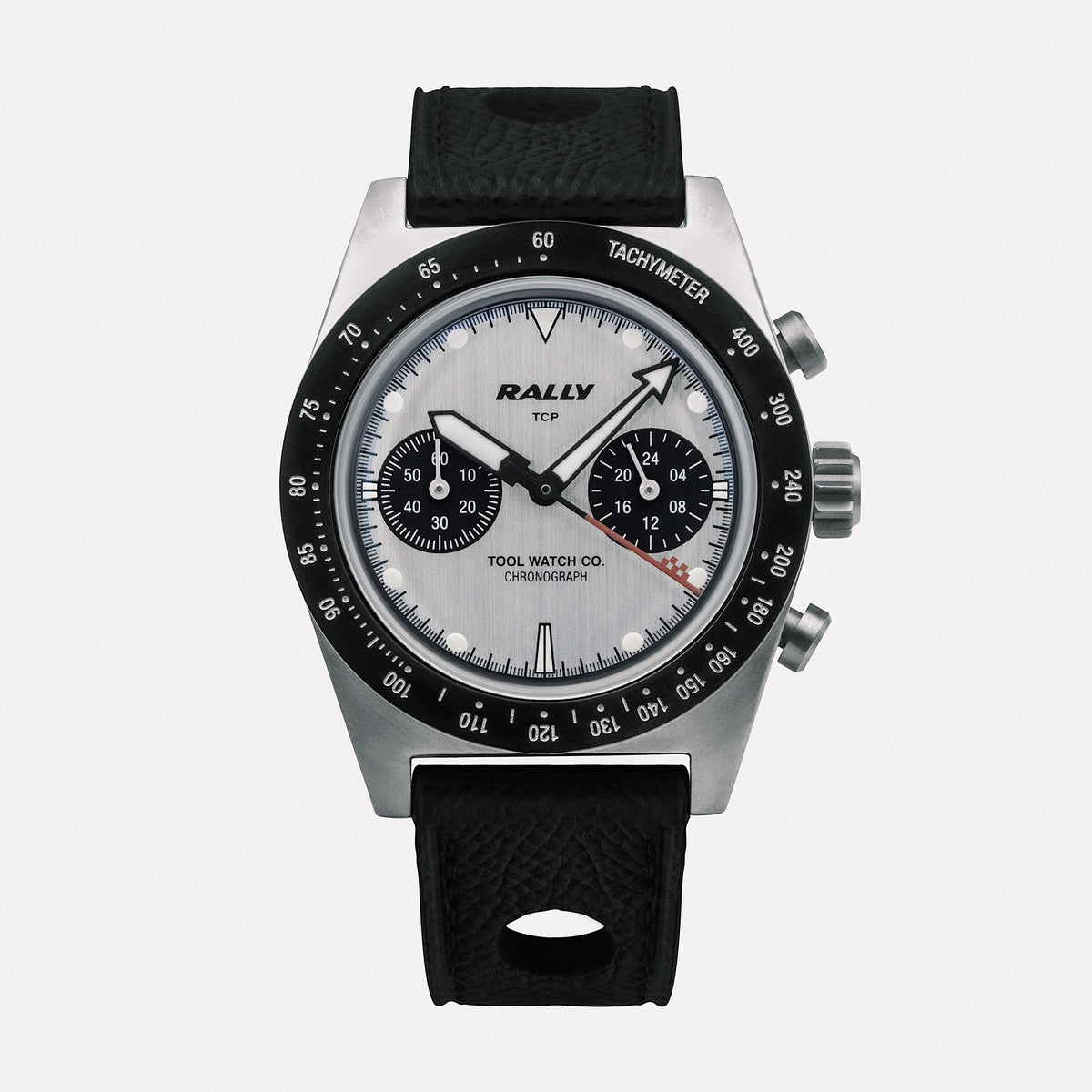 Rally Red on Silver dial close-up with panda sub-dials and tachymeter scale