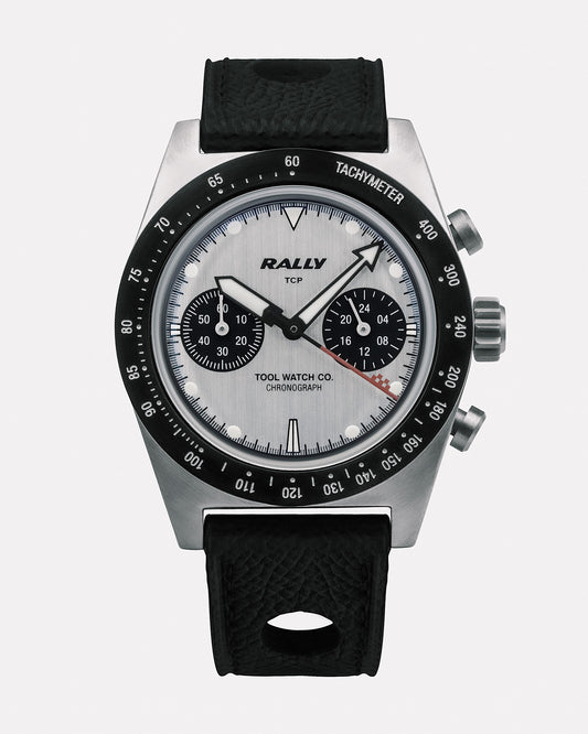 Rally Red on Silver motorsport chronograph with silver dial and red accents