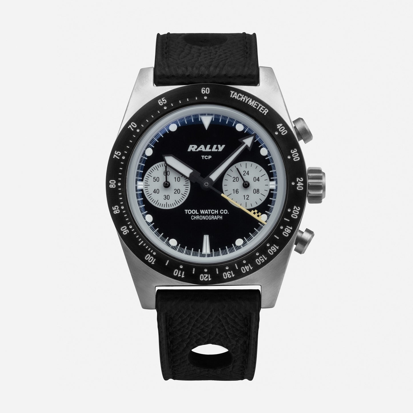 Rally Yellow on Black dial close-up with panda sub-dials and tachymeter scale