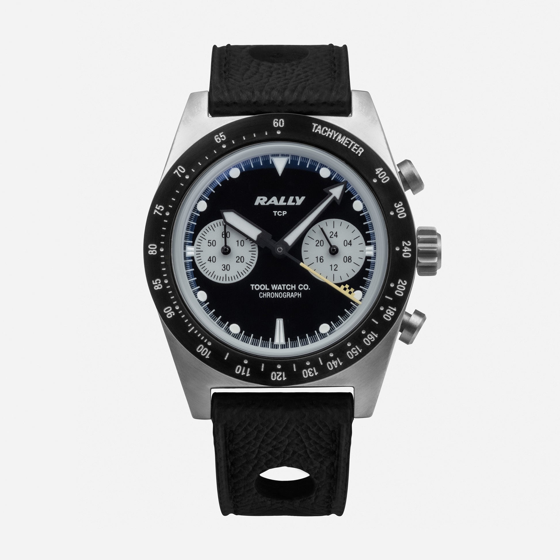 Rally Yellow on Black dial close-up with panda sub-dials and tachymeter scale