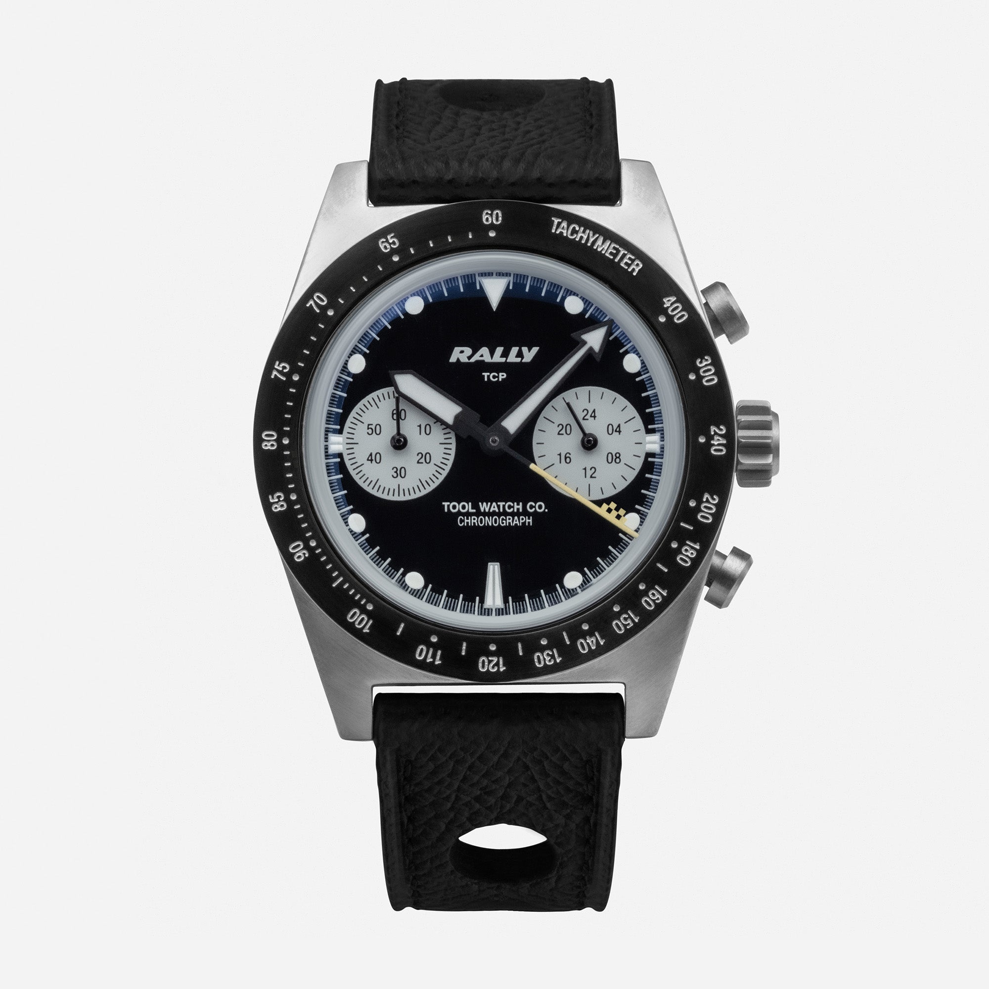 Rally Yellow on Black dial close-up with panda sub-dials and tachymeter scale